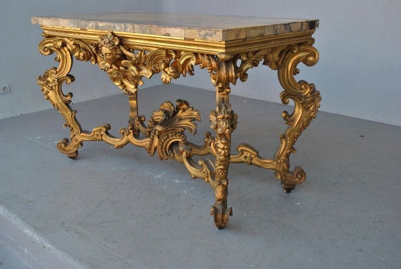 Console rocaille bois doré marbre romain XVIIème