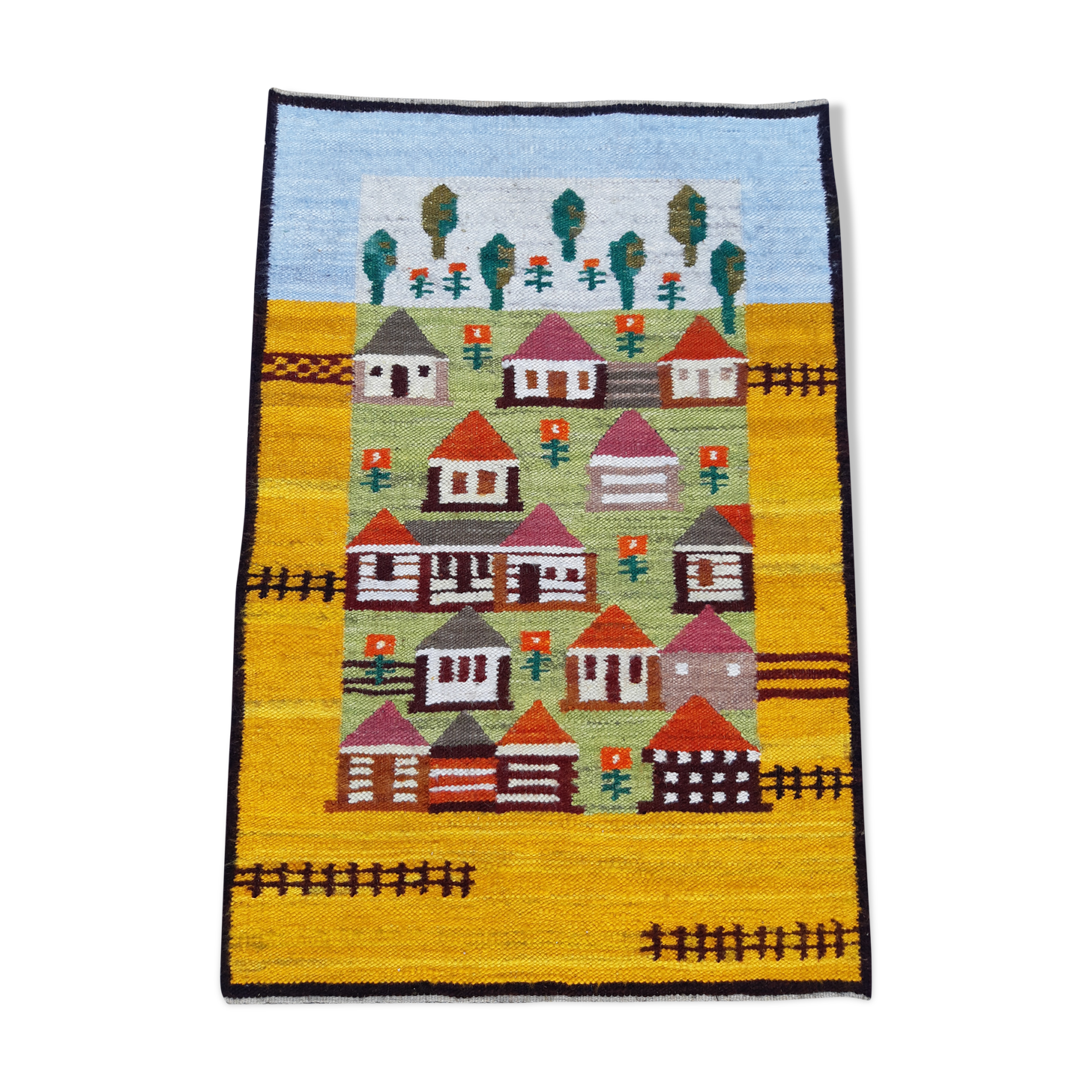 Kilim rug "Kolonia" by Piotr Grabowski for Cepelia handmade Poland 70s, 70x105