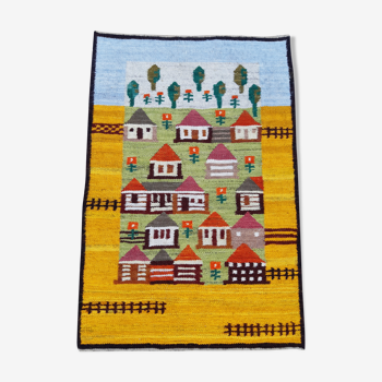 Kilim rug "Kolonia" by Piotr Grabowski for Cepelia handmade Poland 70s, 70x105