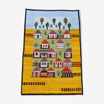 Tapis Kilim "kolonia" par Piotr Grabowski pour Cepelia fait main Pologne 70s, 70x105