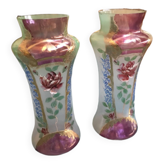 Paire de vases verre peinture fleurs