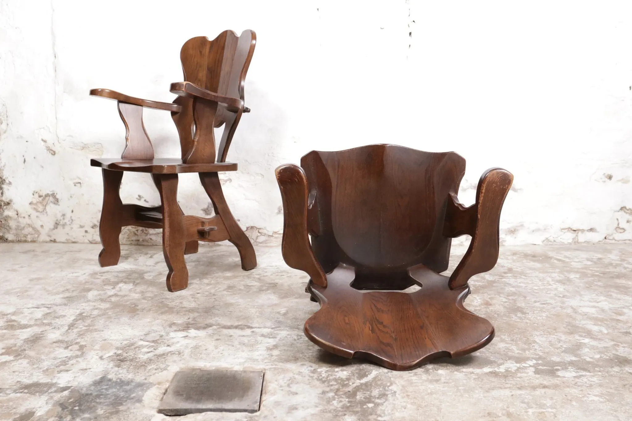 Story book brutalist wabi sabi oak fireplace lounge chairs