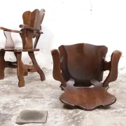 Story book brutalist wabi sabi oak fireplace lounge chairs