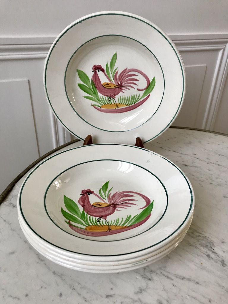Lot of 5 hollow plates digoin sarreguemines model "rooster" years 40-50