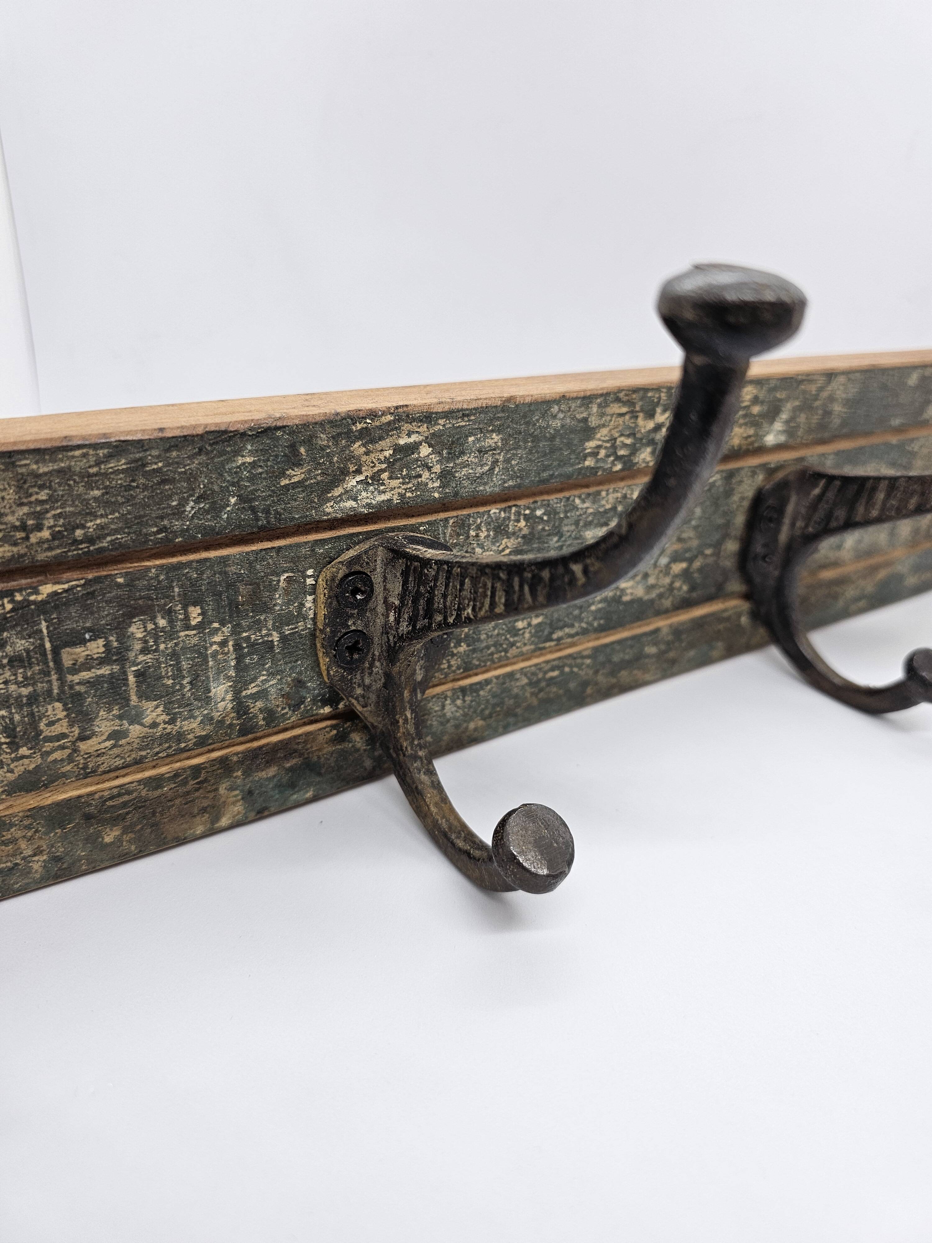 Solid teak coat hook with 2 double cast iron hooks