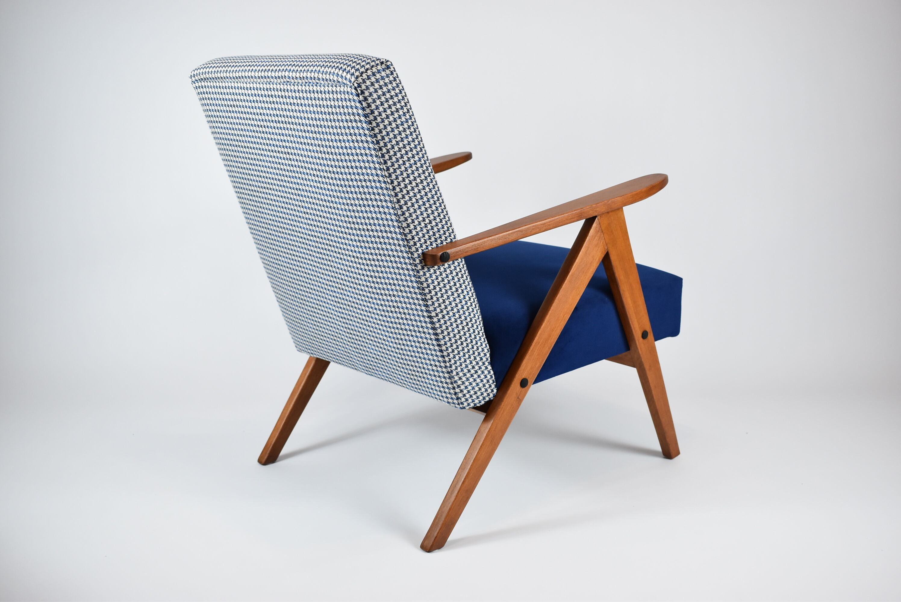 Original restored armchair Compas, 1960s, blue velvet, pied de poule