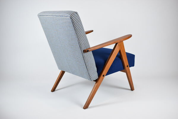 Fauteuil original restauré compas années 1960 velours bleu, pied de poule