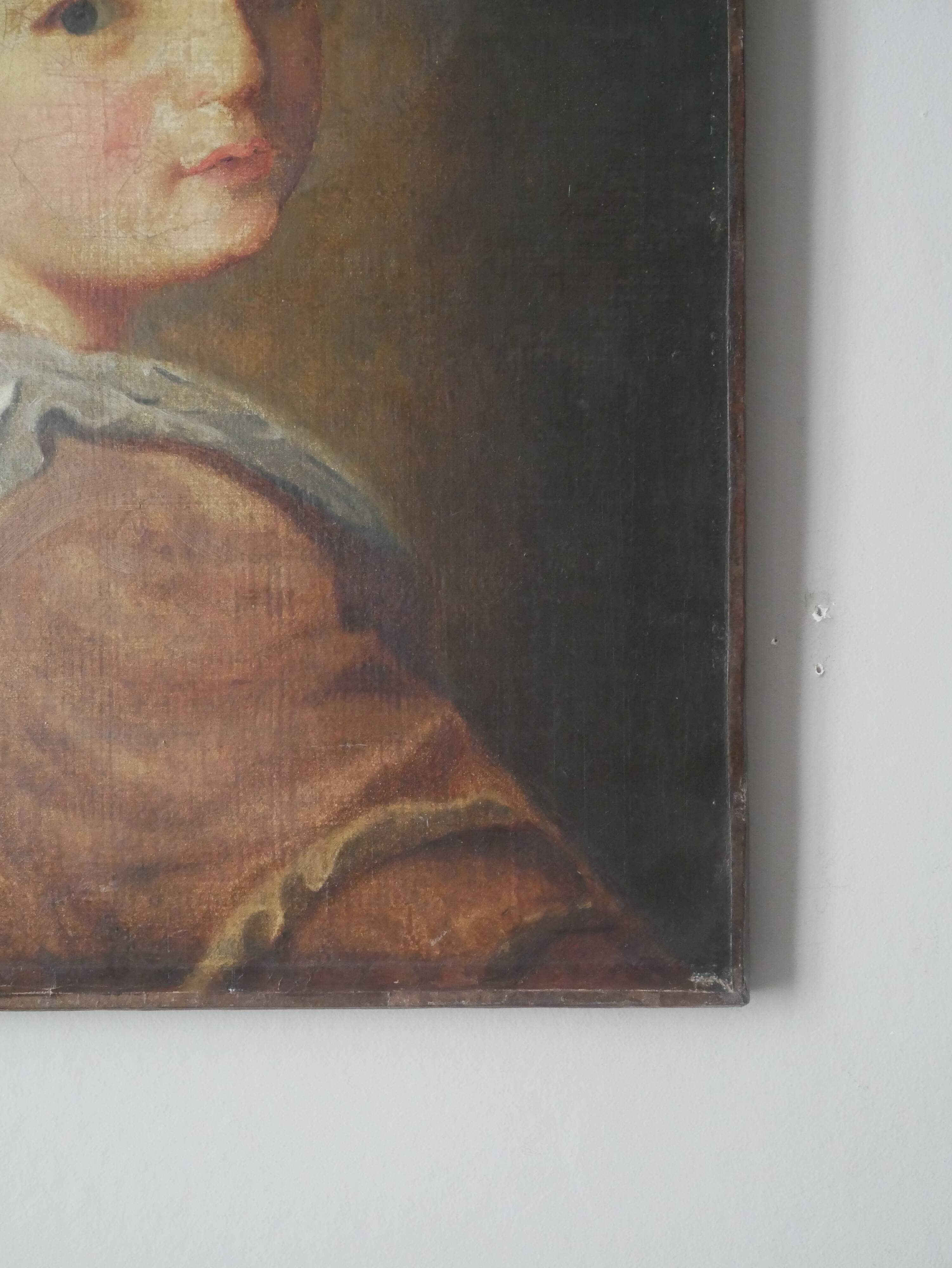 Old oil painting on canvas, countryside decoration, child portrait