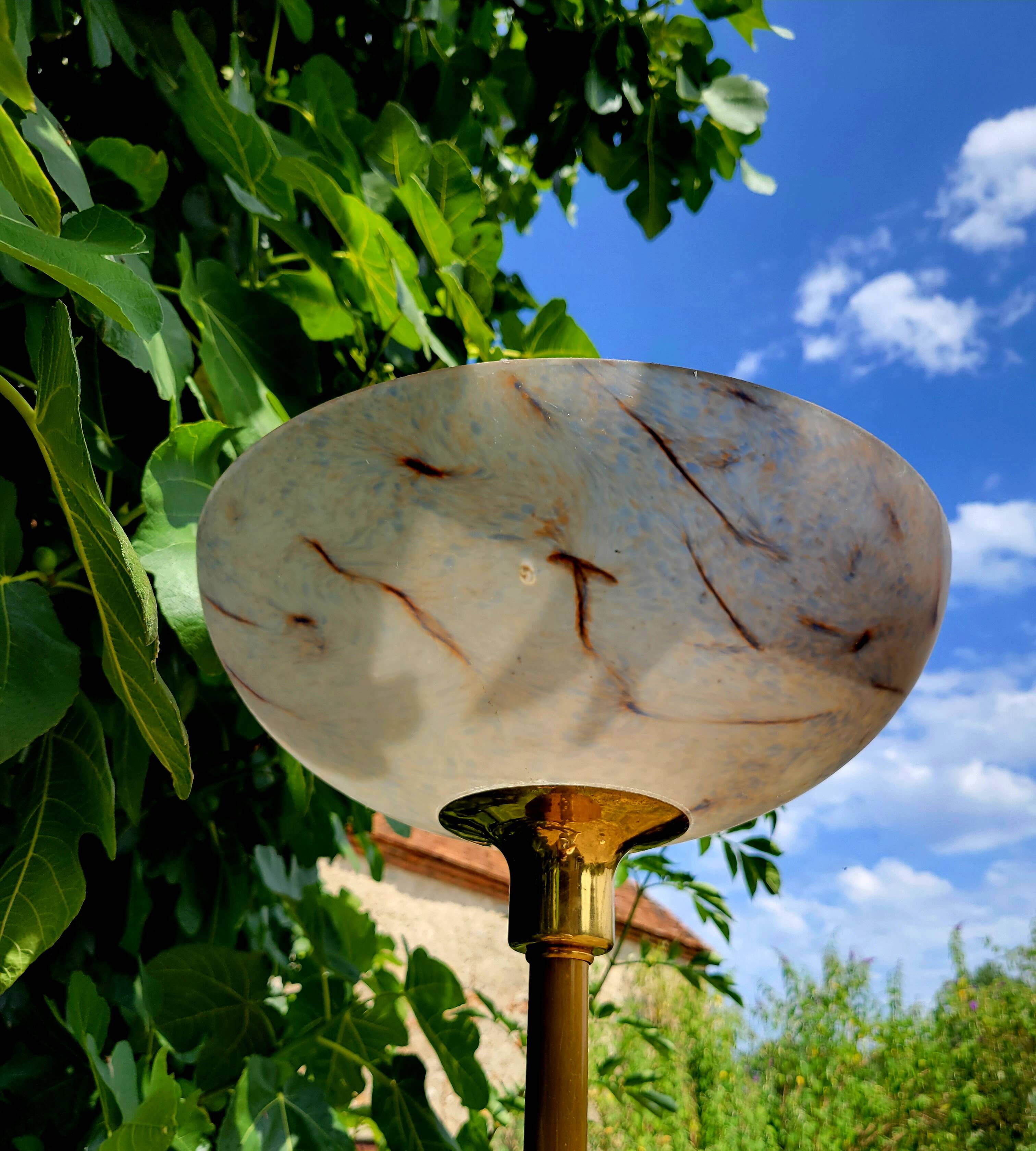 Golden floor lamp with opaline glass lampshade