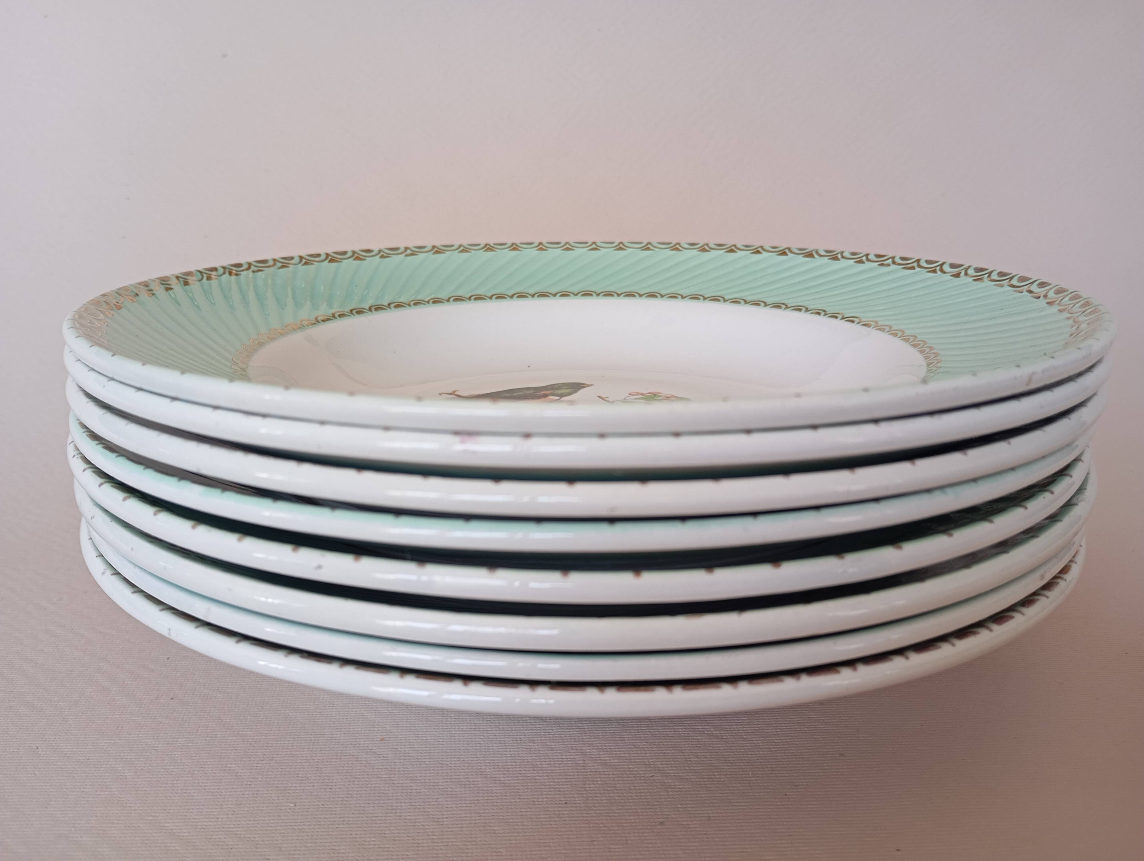 8 soup plates Fenal Badonviller "Birds" vintage 1950s