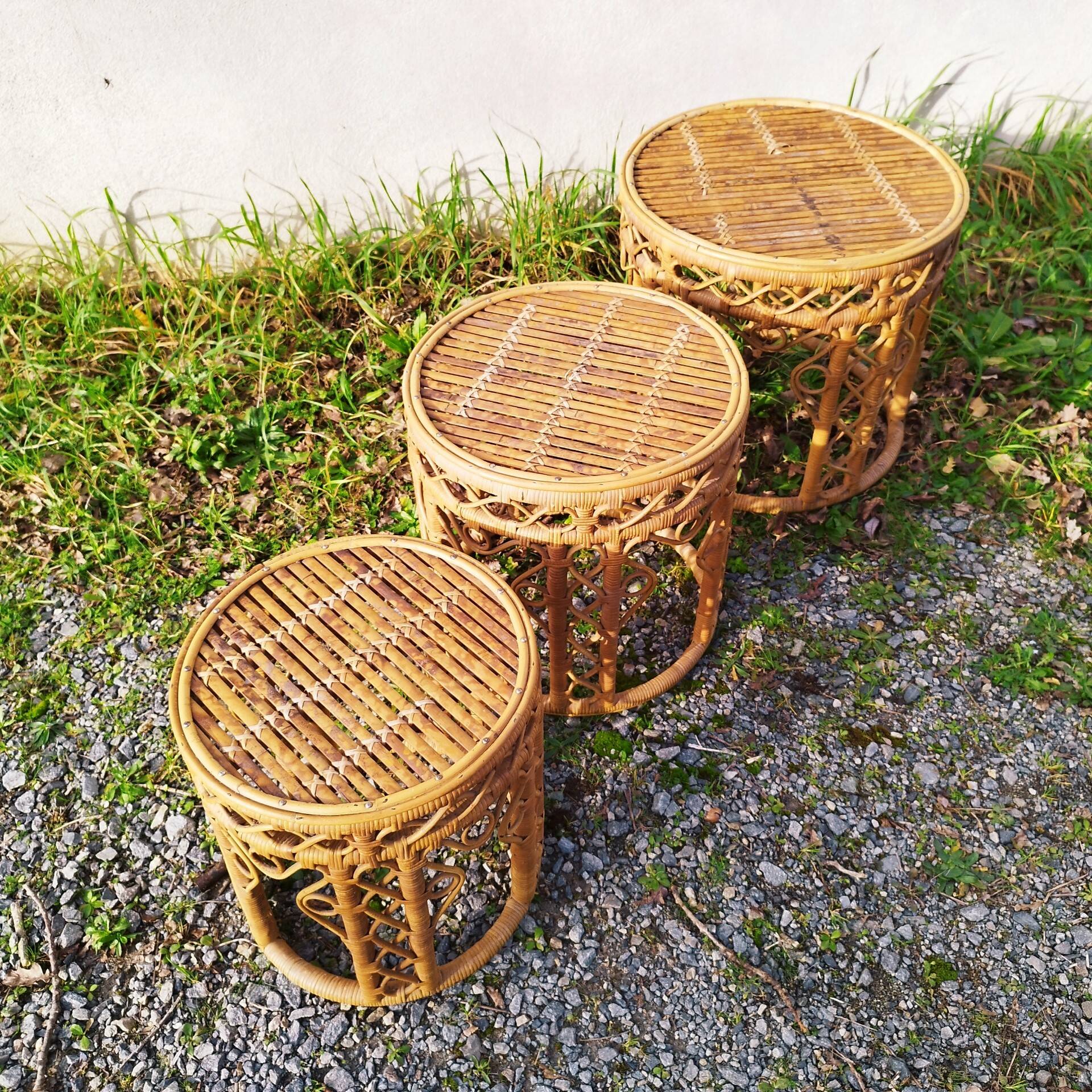 Vintage peacock rattan wicker nesting side tables