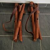 Set of teak and leather tripod stools