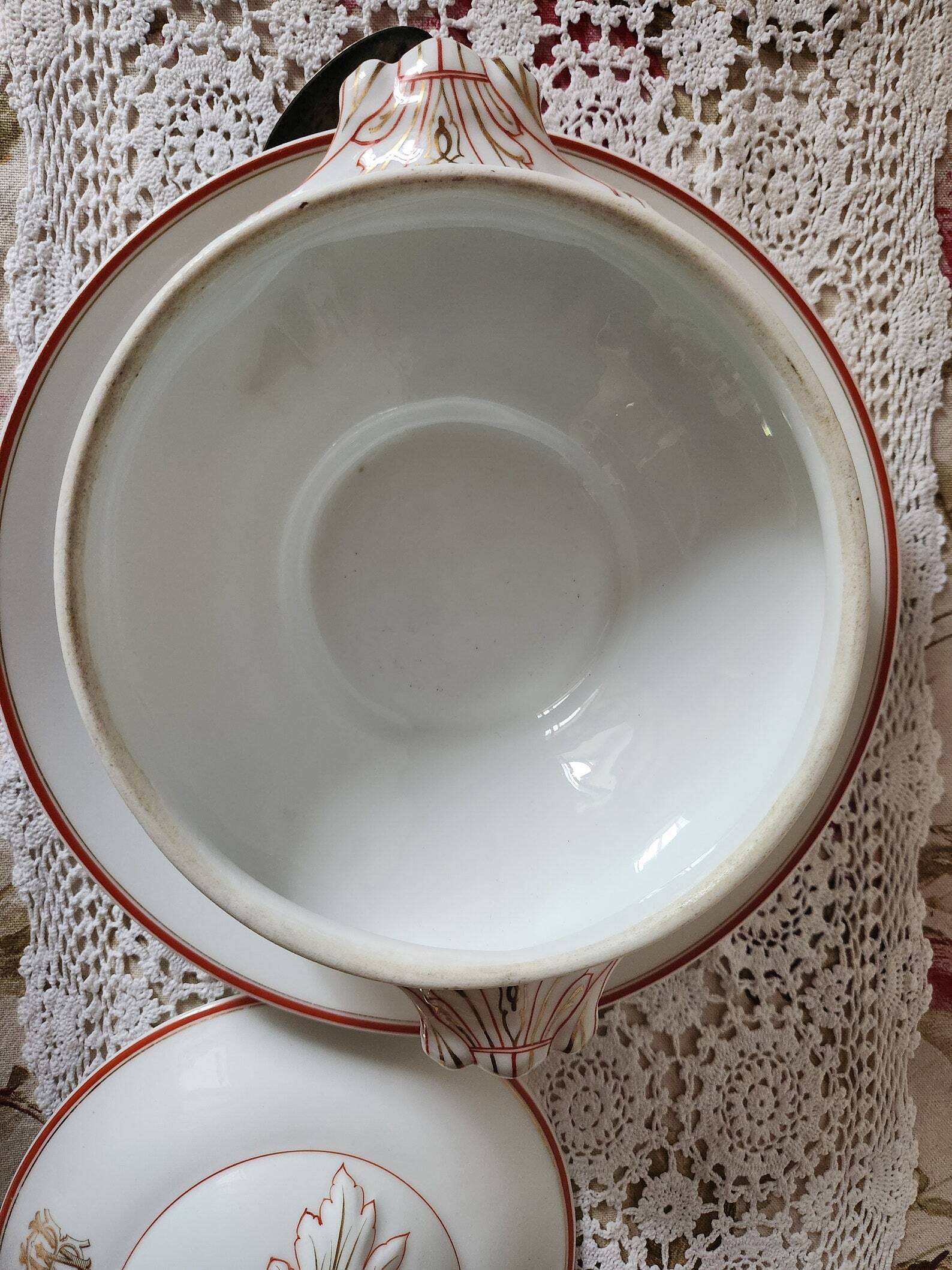 Circa 1900s Pillivuyt Gold 'BM' Monogrammed White Porcelain Soup Tureen