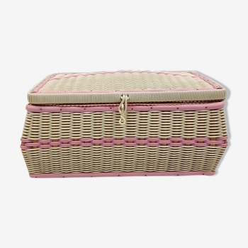 Boîte à couture en bois et scoubidou rose et blanc 28,5 X 21 X 14 cm