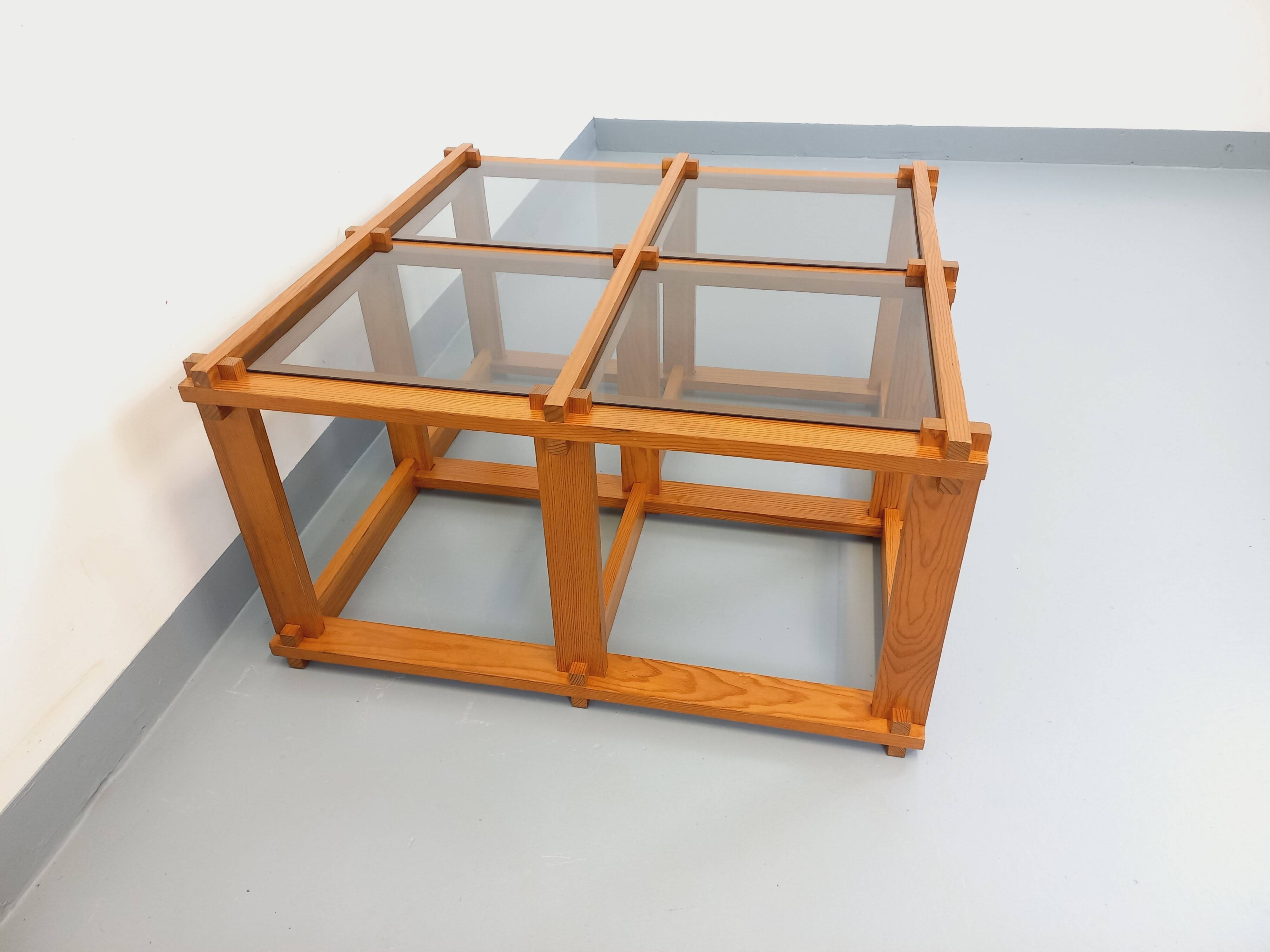 Vintage square coffee table in pine and smoked glass from the 70s and 80s.