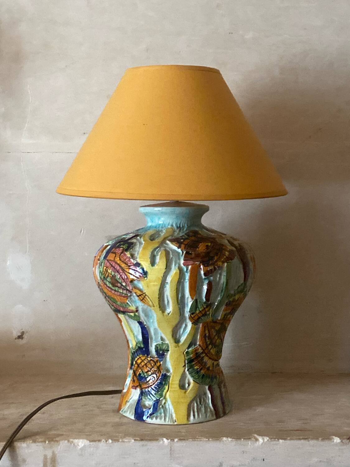 Ceramic lamp signed Claude Pruffert – Vallauris, marine decor in relief