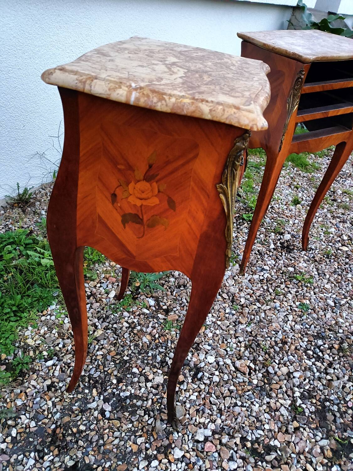 Louis xv style marble top marquetry bedside tables