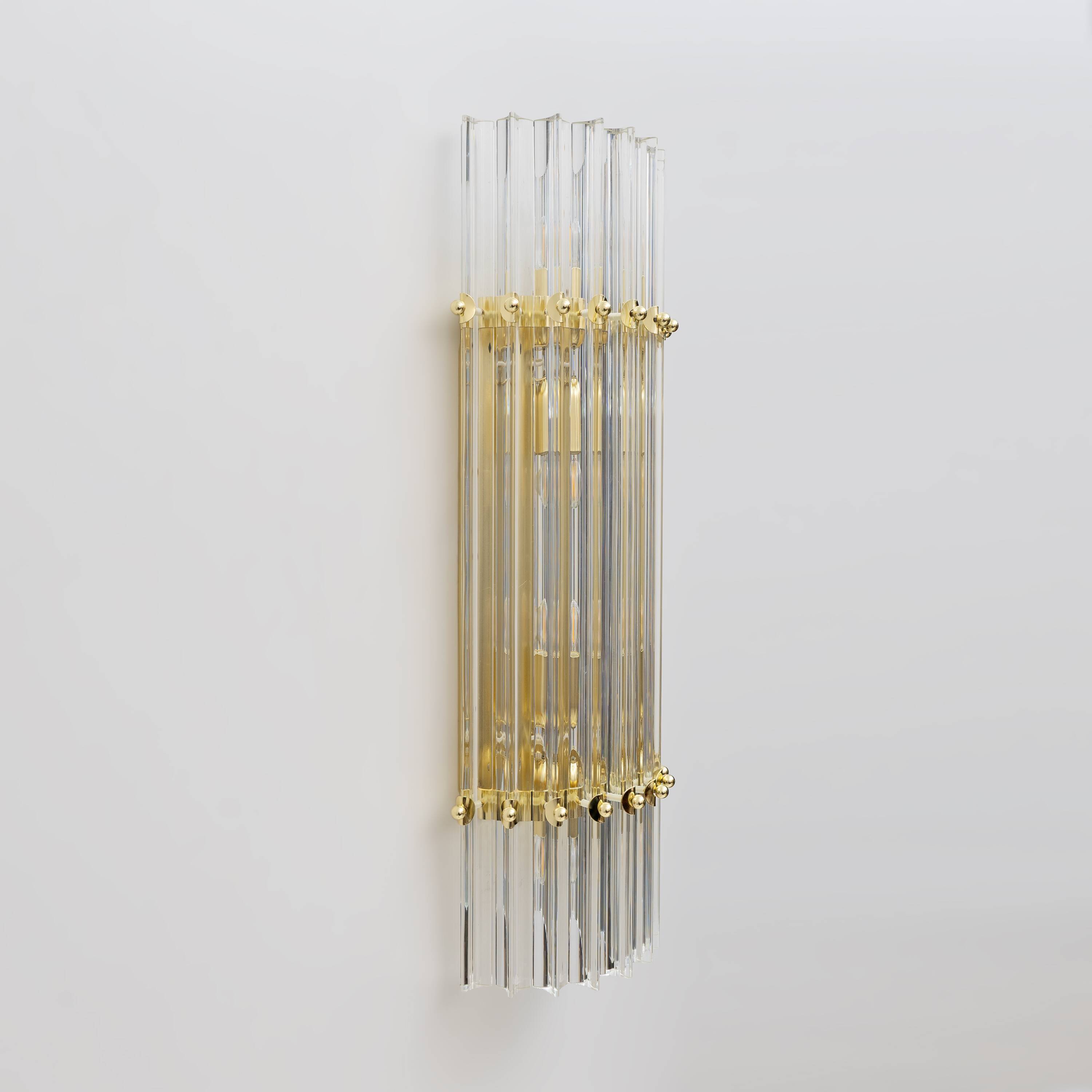 Pair of Venini Style Mid-Century Brass and Murano Glass "Triedri" Sconces