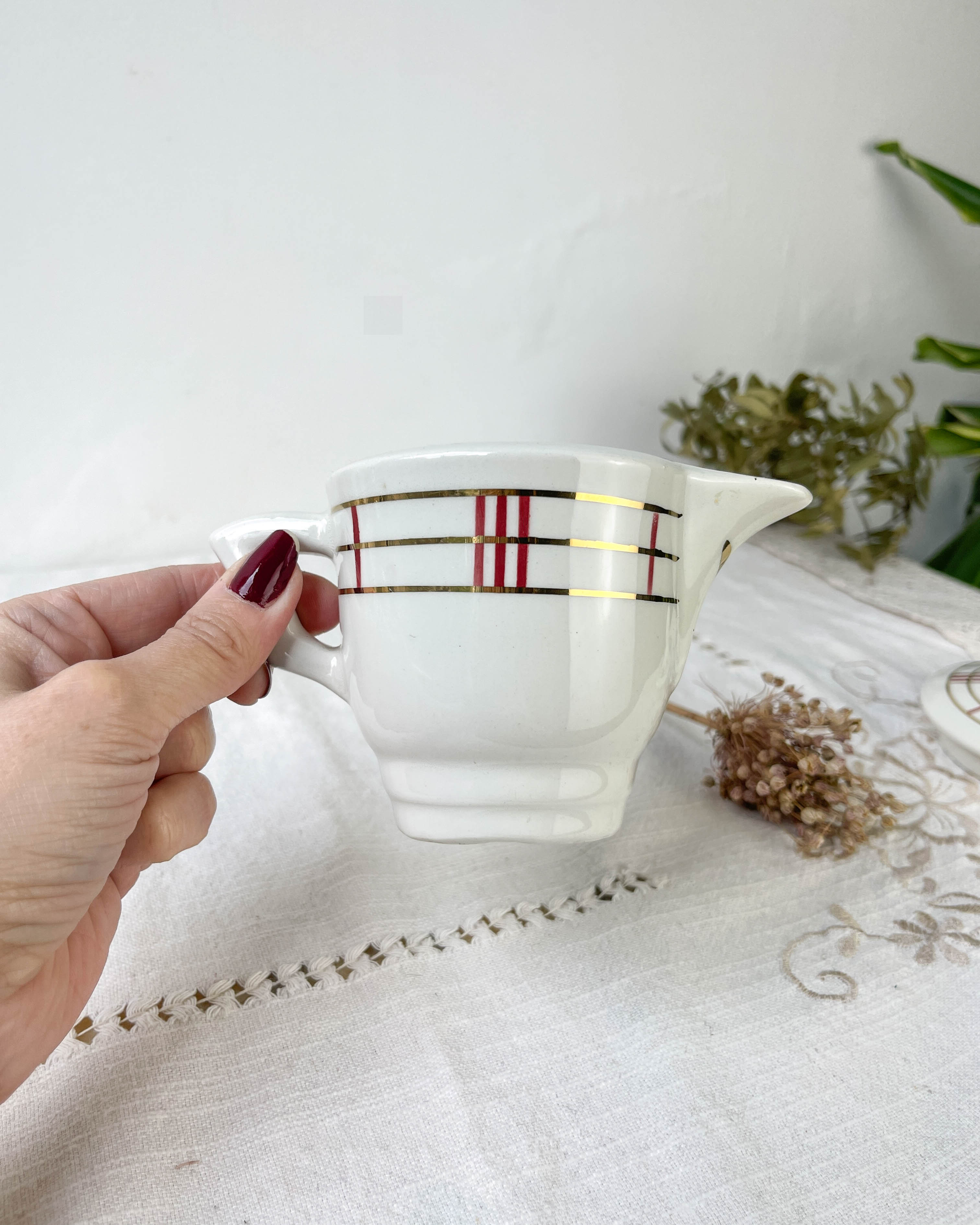 Vintage tea set in white porcelain with stripes, Moulin des Loups orcerame model "Richelieu"