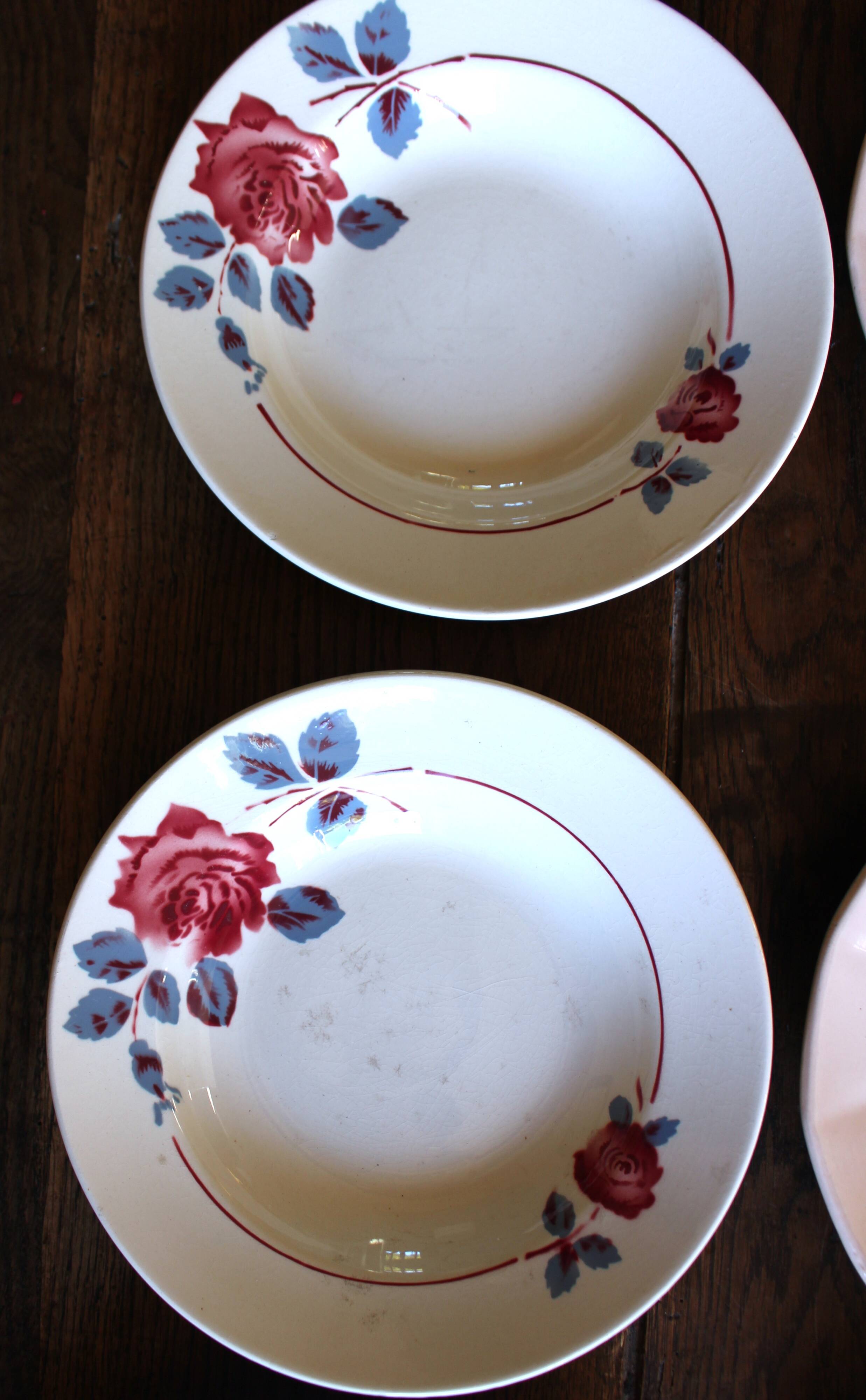 6 mismatched pink deep plates Digoin Badonviller Art Deco