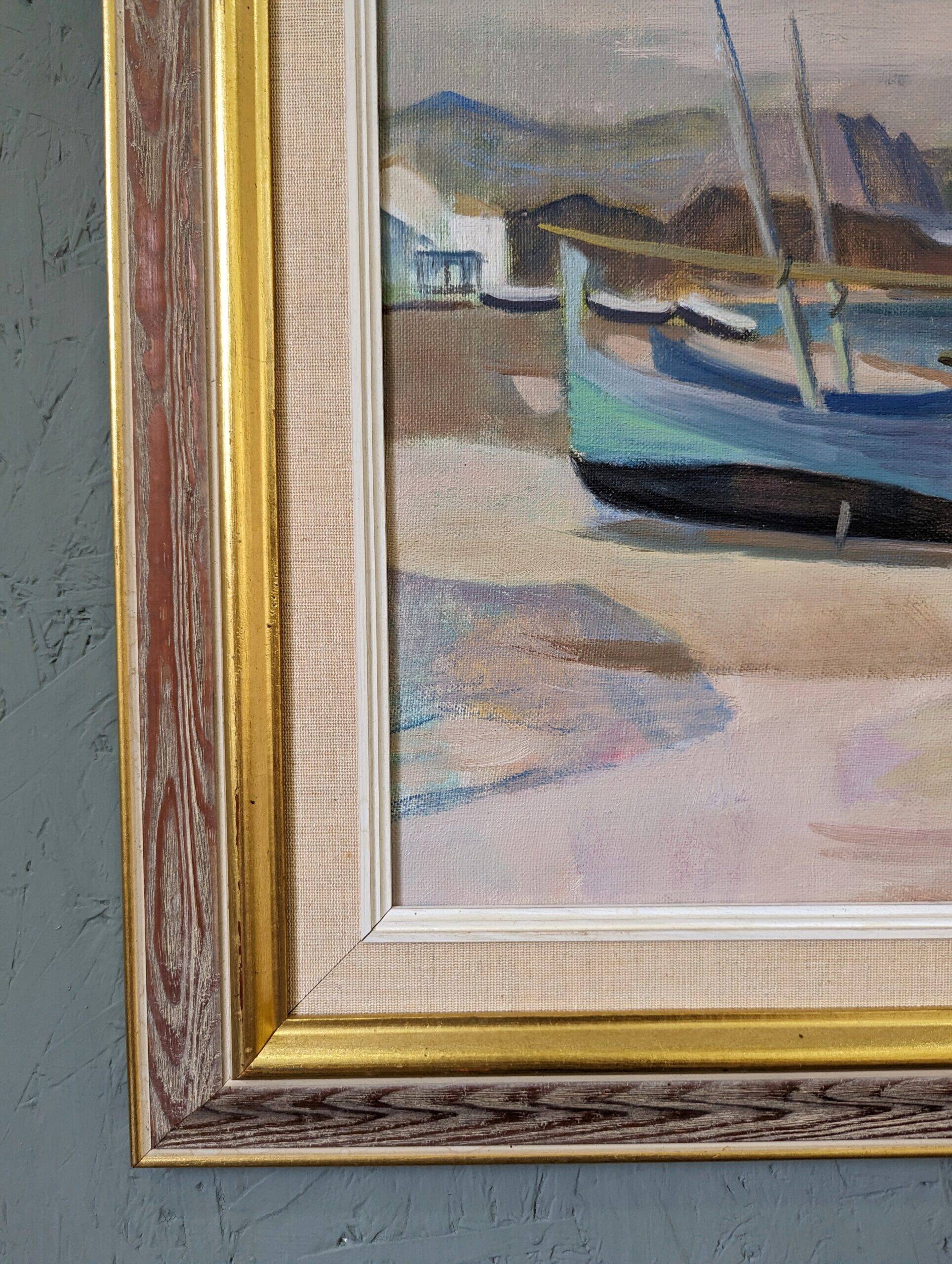 Mid-Century Modern Swedish "Calm Shore" Vintage Coastal Oil Painting, Framed