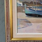 Mid-Century Modern Swedish "Calm Shore" Vintage Coastal Oil Painting, Framed