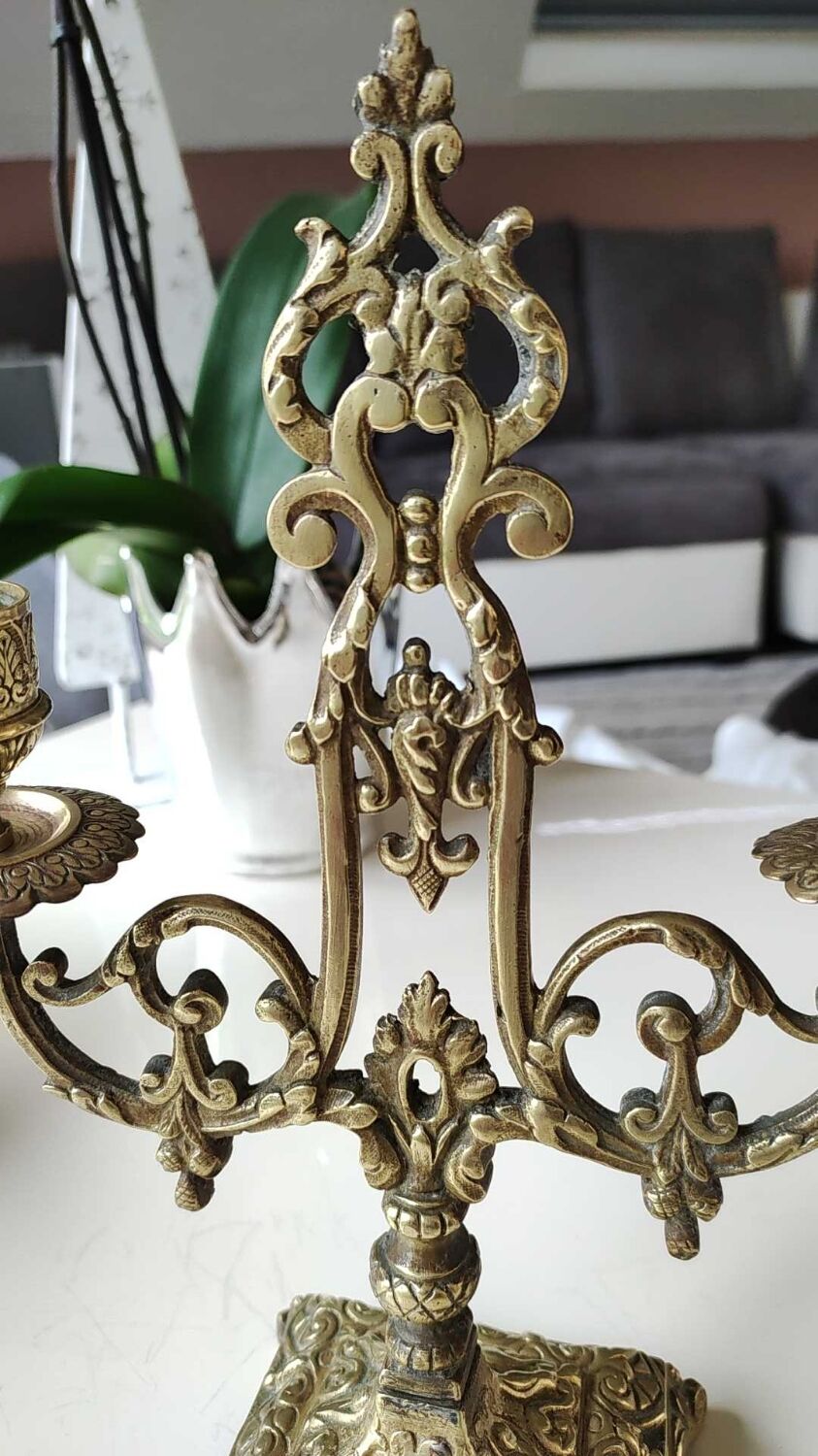 Altar candlestick with 2 branches, napoleon iii style, bronze patina old gold