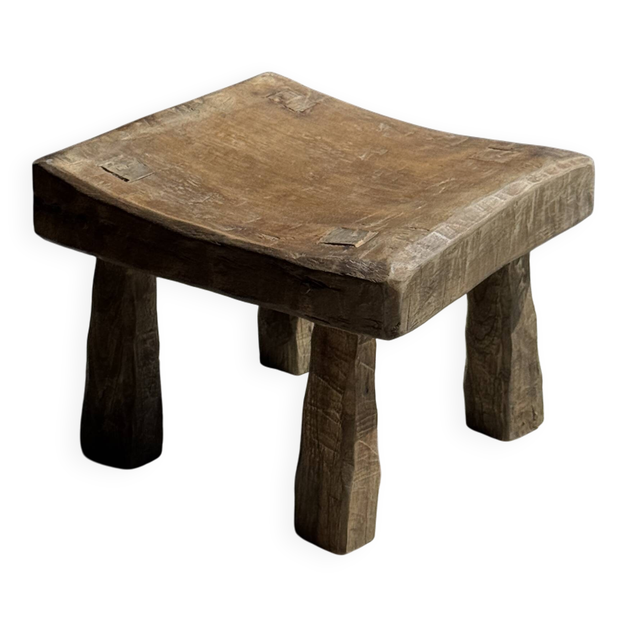 Small stool, square solid teak side table with a curved seat.