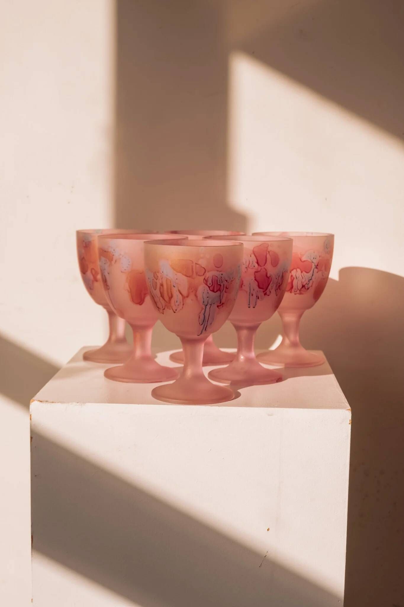 Frosted pink wine glasses hand-painted, set of 6
