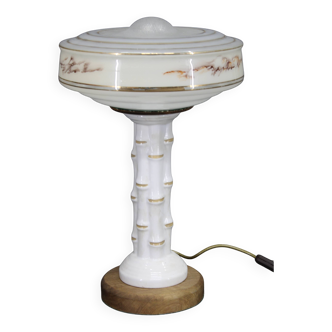 Lampe de table en céramique restaurée des années 1940 avec abat-jour en verre