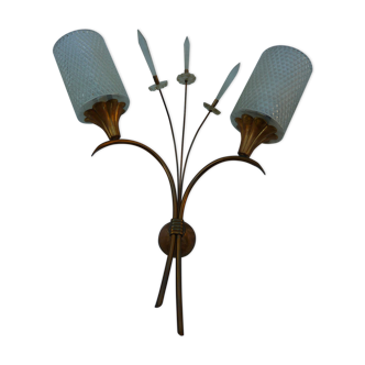 Large brass wall lamp, with two cylindrical glasses and plexiglass tips, art deco style 50s