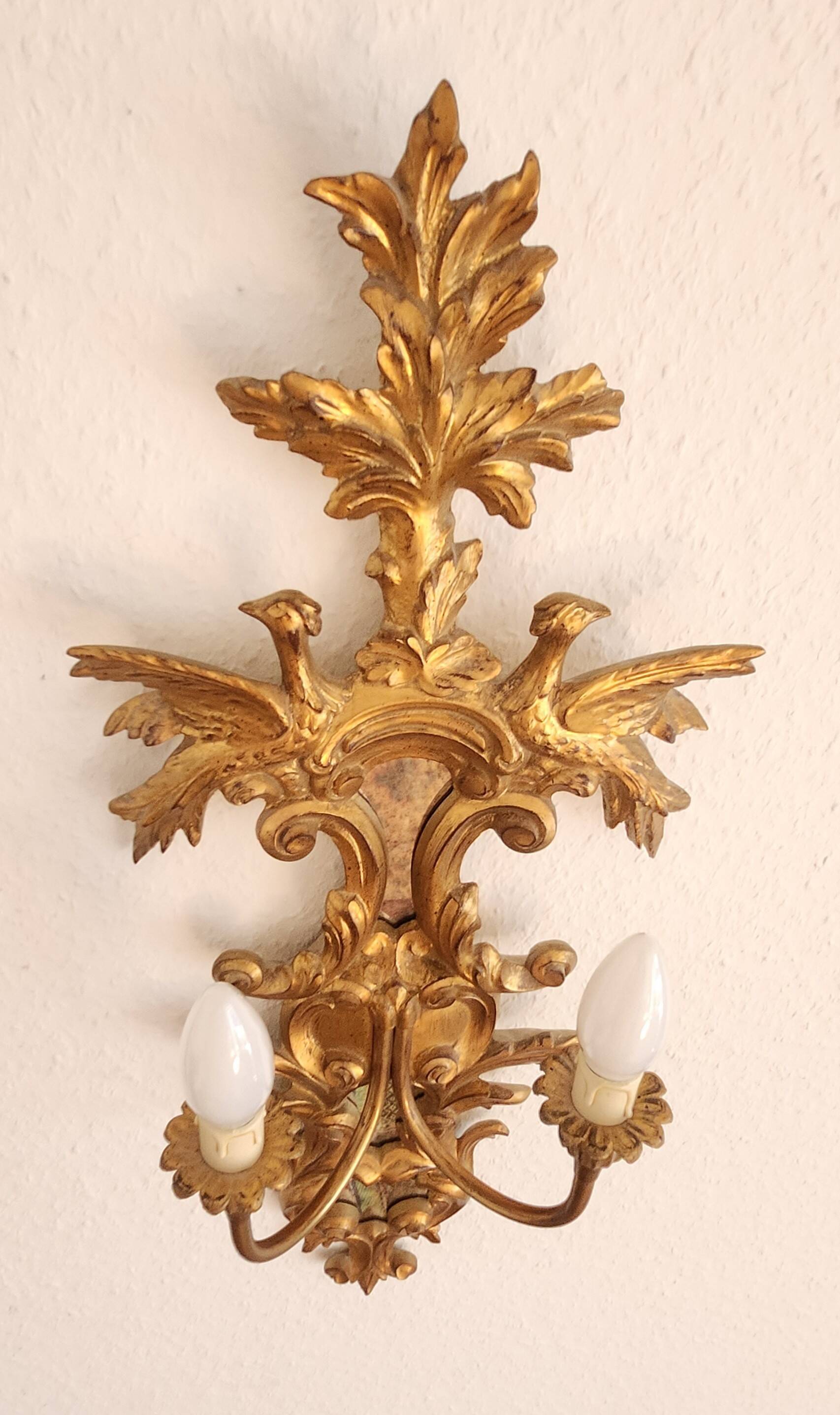 Louis XVI wall lamps Rocaille gilded carved wood antique mirror glass