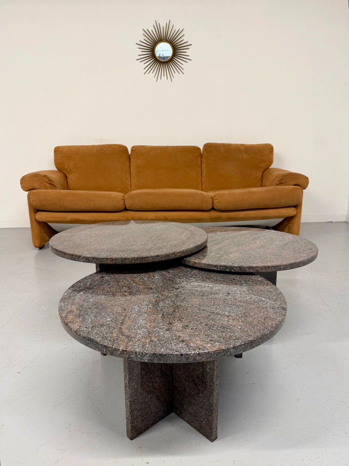Vintage 1970s design round granite nesting coffee table with 3 elements.