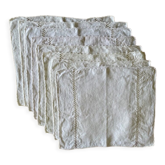Set of 8 antique placemats embroidered and monogrammed "JS" - white - 42x35 cm - linen