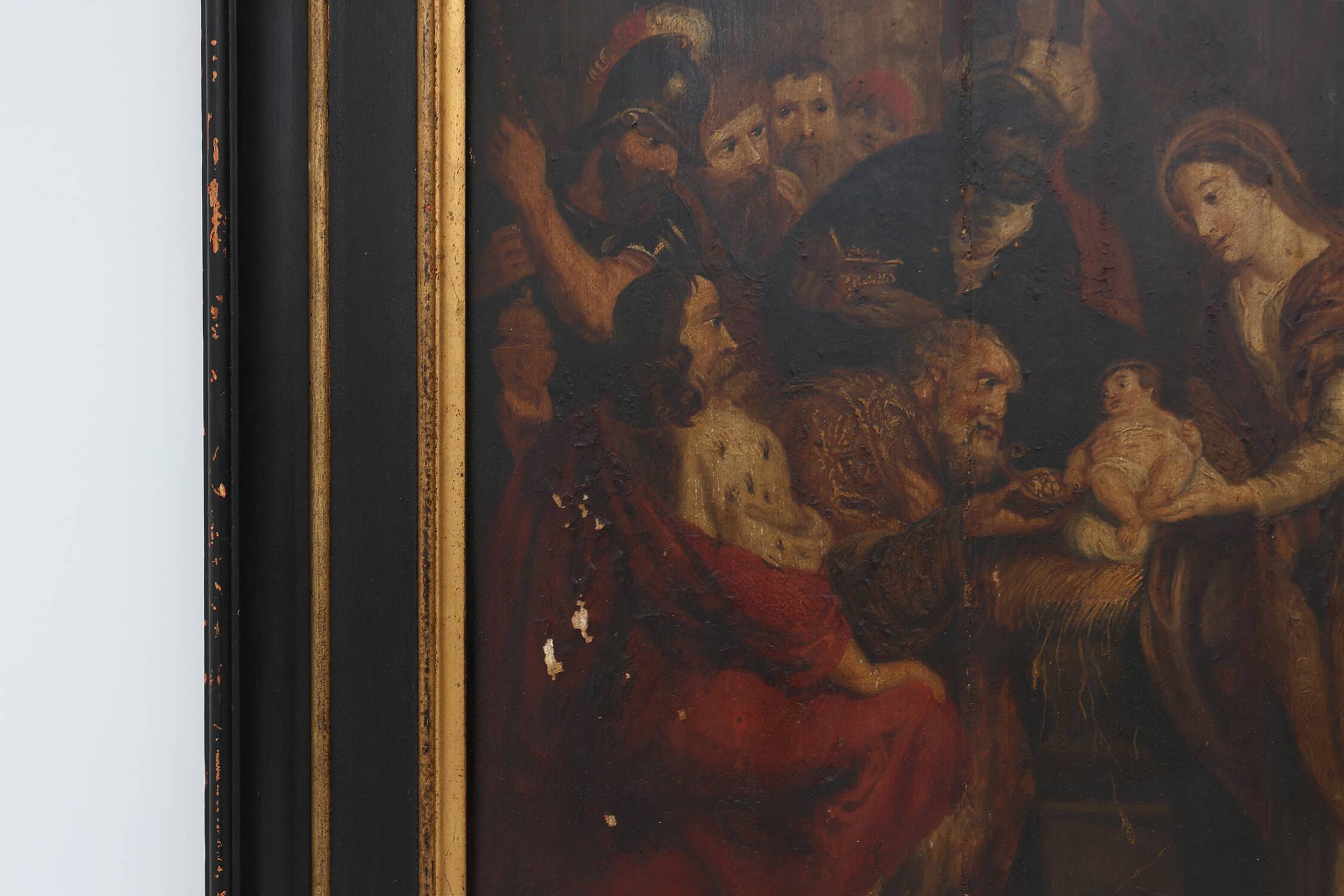 Flemish 18th century framed religious oil on wood painting Adoration of the