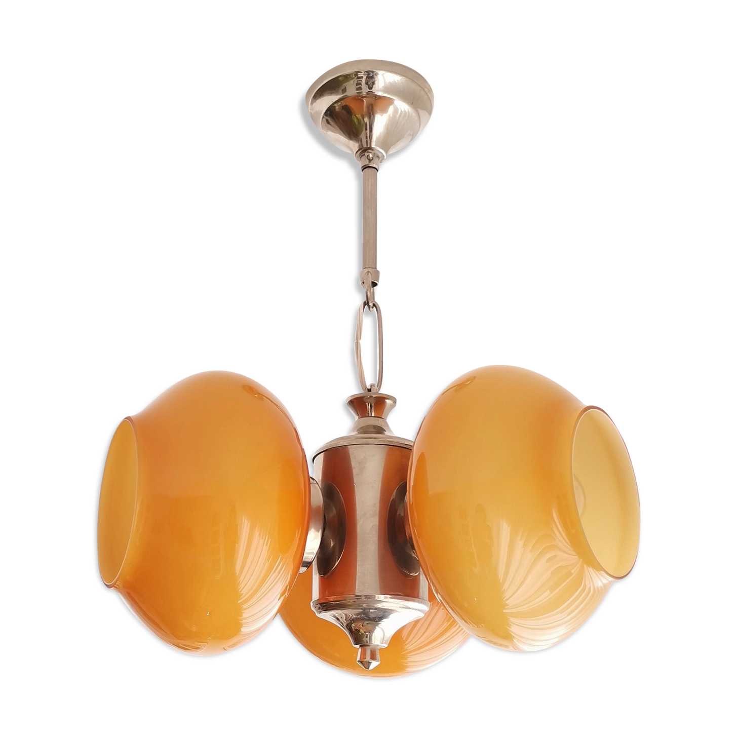 Vintage mid century modern 3-light orange glass chandelier