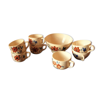 Service ancien thé café tasses + bol ecru XIX e fleurs bleu marron