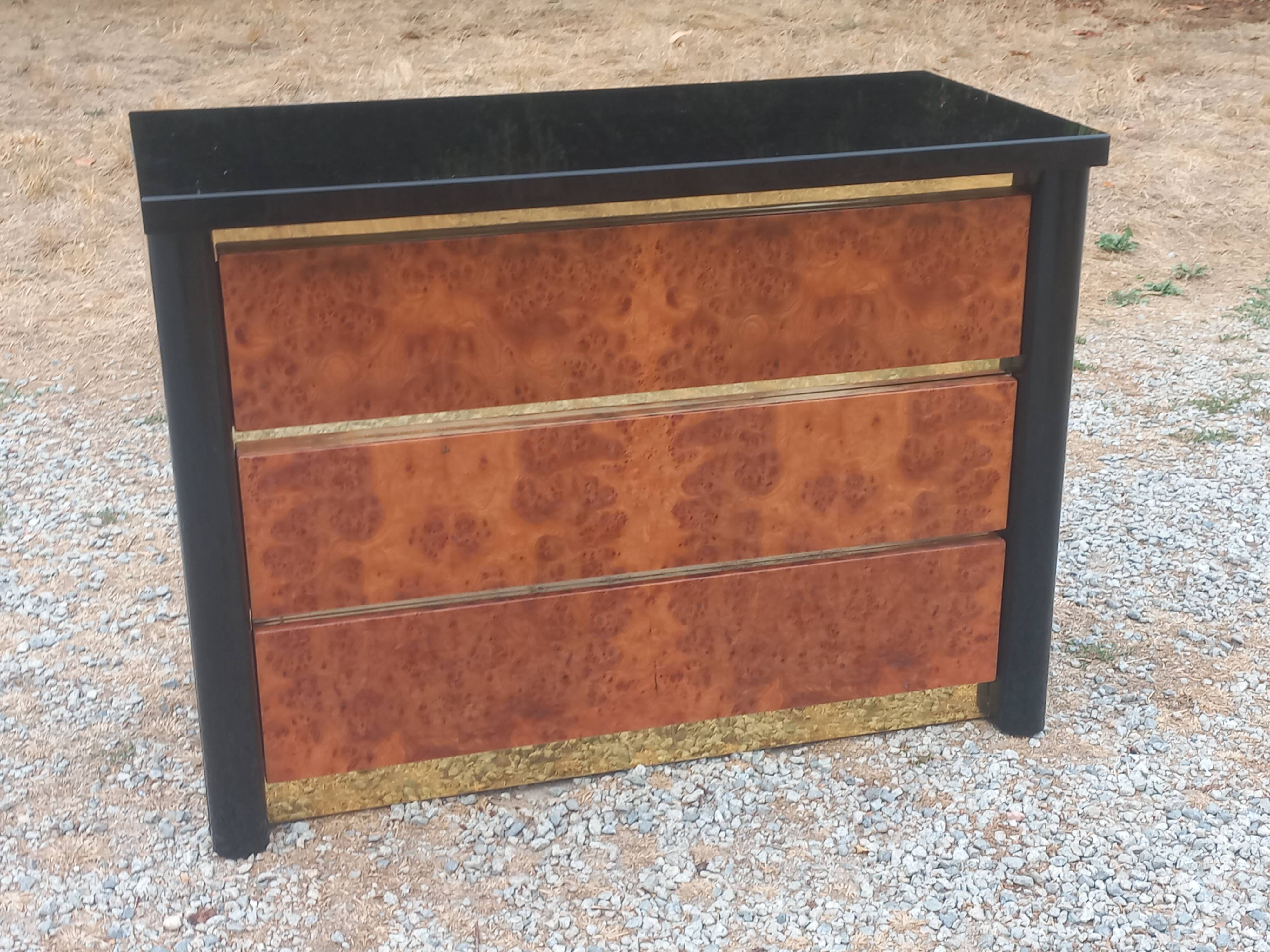 Roche Bobois Mahey black lacquer and burl commode with 3 drawers.