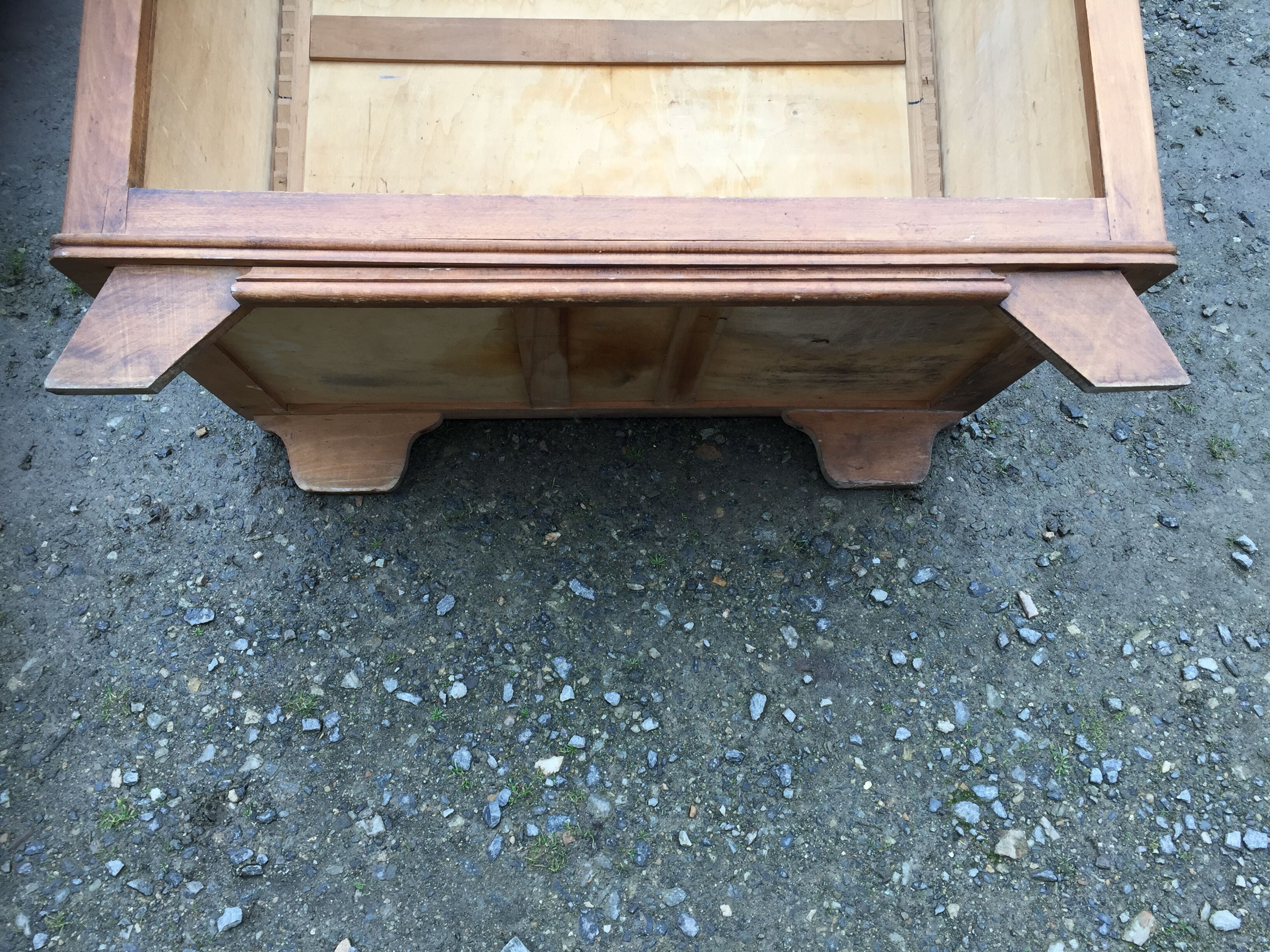 Vintage oak compass foot cabinet with 2 sliding doors painted red and blue