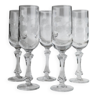 Clear crystal glass champagne glasses set of 5, etched floral pattern, vintage 1960s Italy