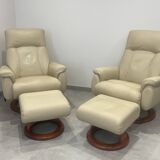 Pair of vintage leather armchairs with ottoman