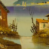 Italian lake view signed painting oil on canvas