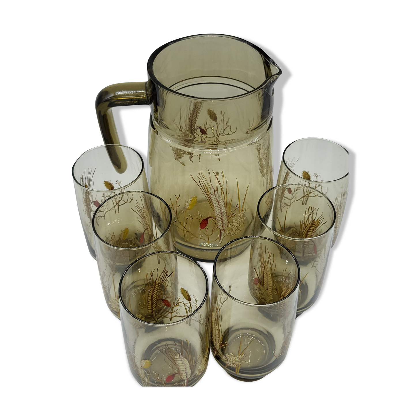 Pitcher and 6 lemonade glasses - wheat cob decoration - Luminarc France - vintage 70s