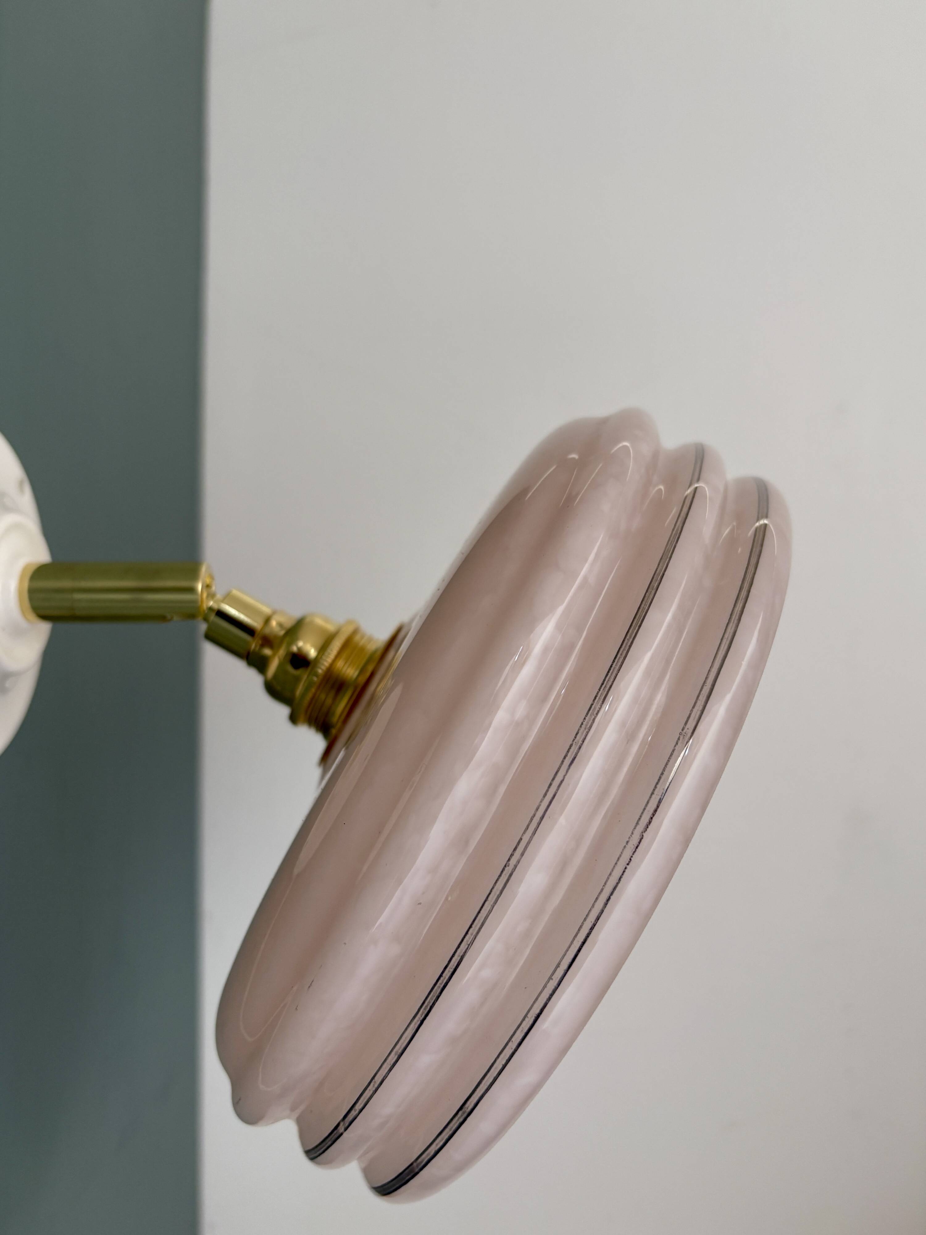 Vintage wall lamp with pink Clichy glass shade and silver edging