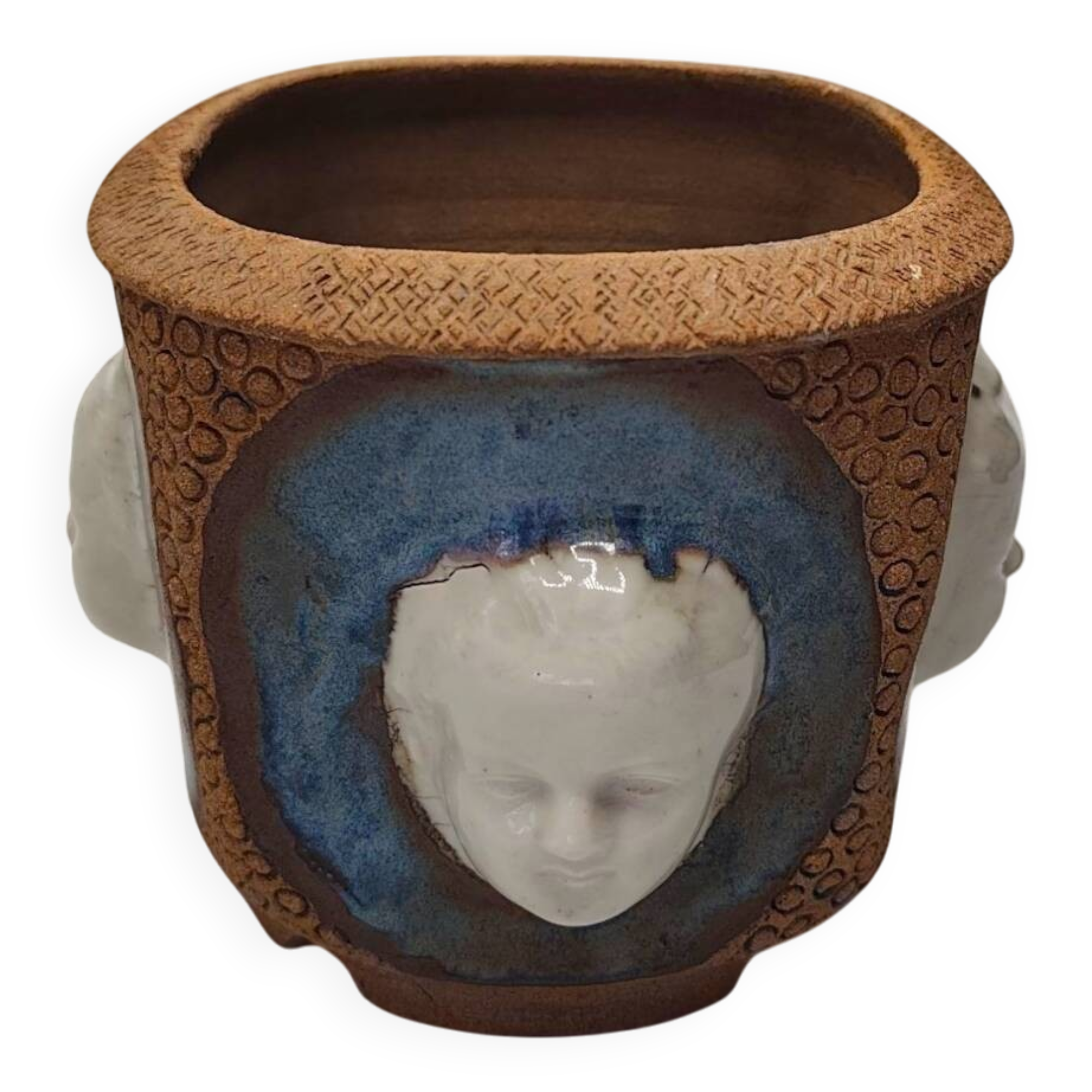 Jardinière en céramique décorée de visages en porcelaine émaillée, 1980