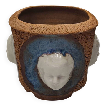 1980s Artistic Ceramic Planter - Glazed Porcelain Face Motifs

A