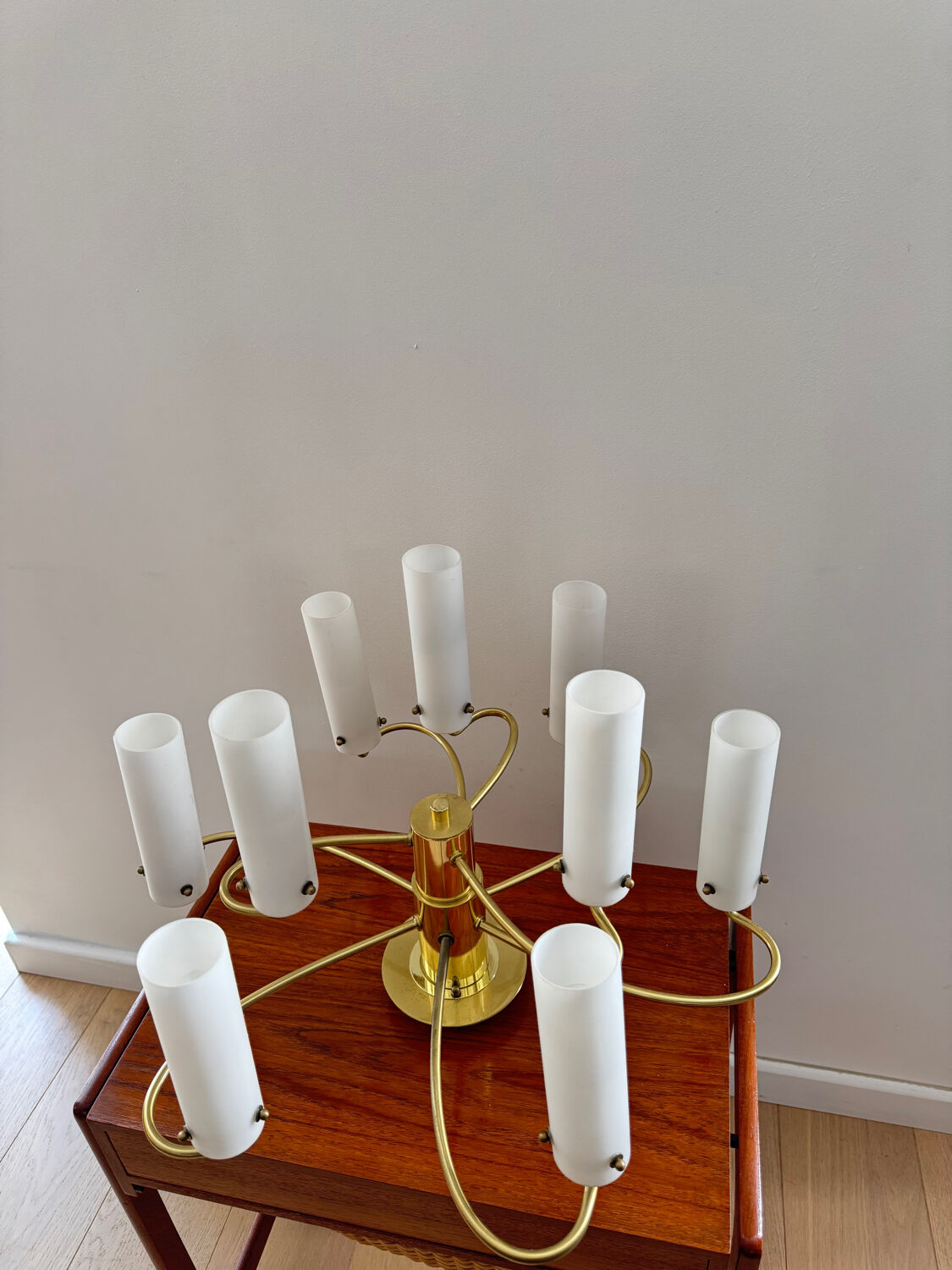 Brass and opaline glass suspension "Hillebrand" 1960