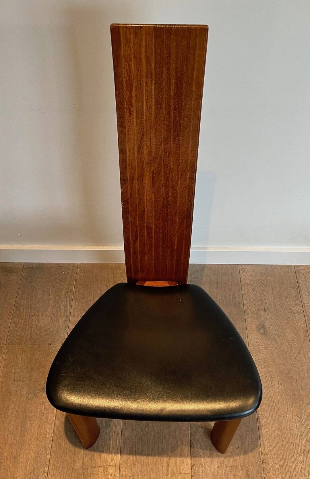 Pair of High Back Chairs, Exotic Wood & Black Leather, Scandinavian, varnished