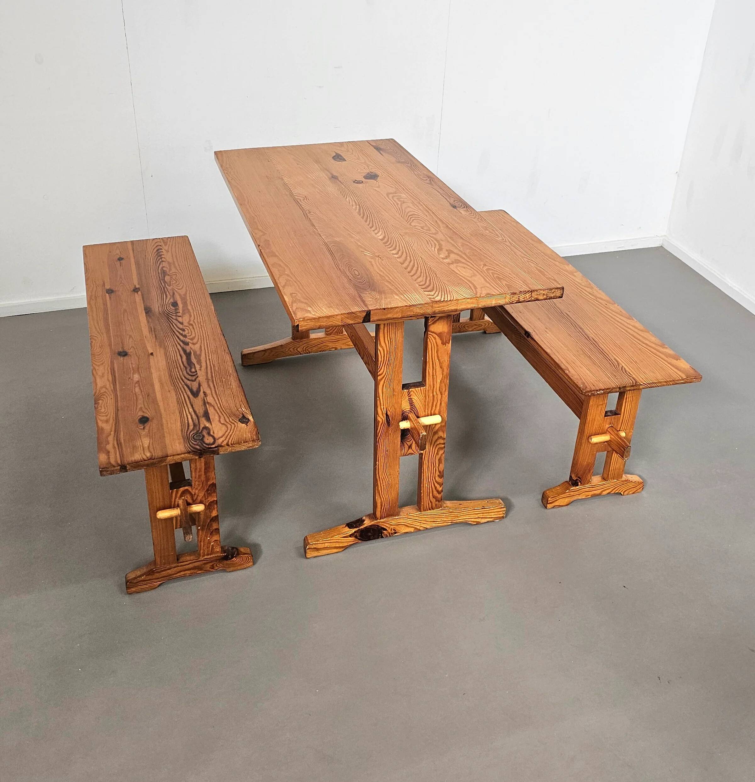 Scandinavian modern solid pinewood benches and dining table, 1970s