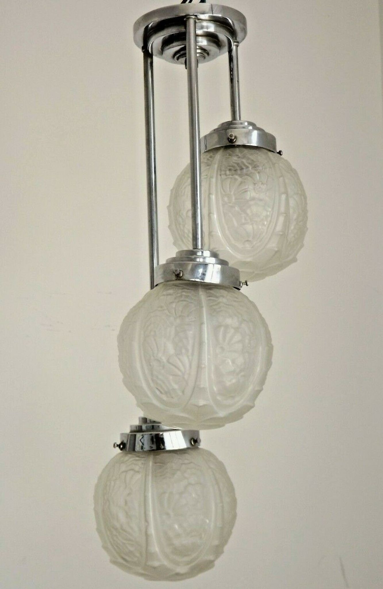 french art deco light in chrome with 3 floral opaque glass shades